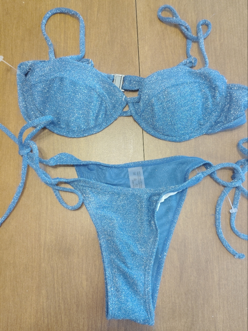 Shimmery Blue Tie Bikini Set - Women's Swim